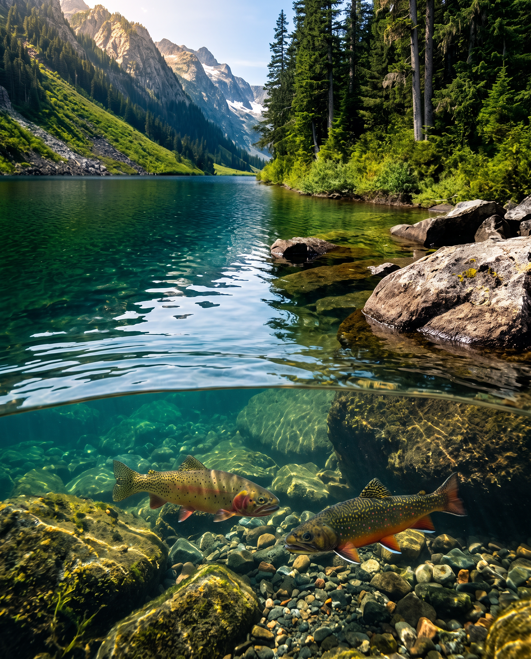 Alpine Colorado lake with mountains on the left, clear water surface with a brook trout visible below